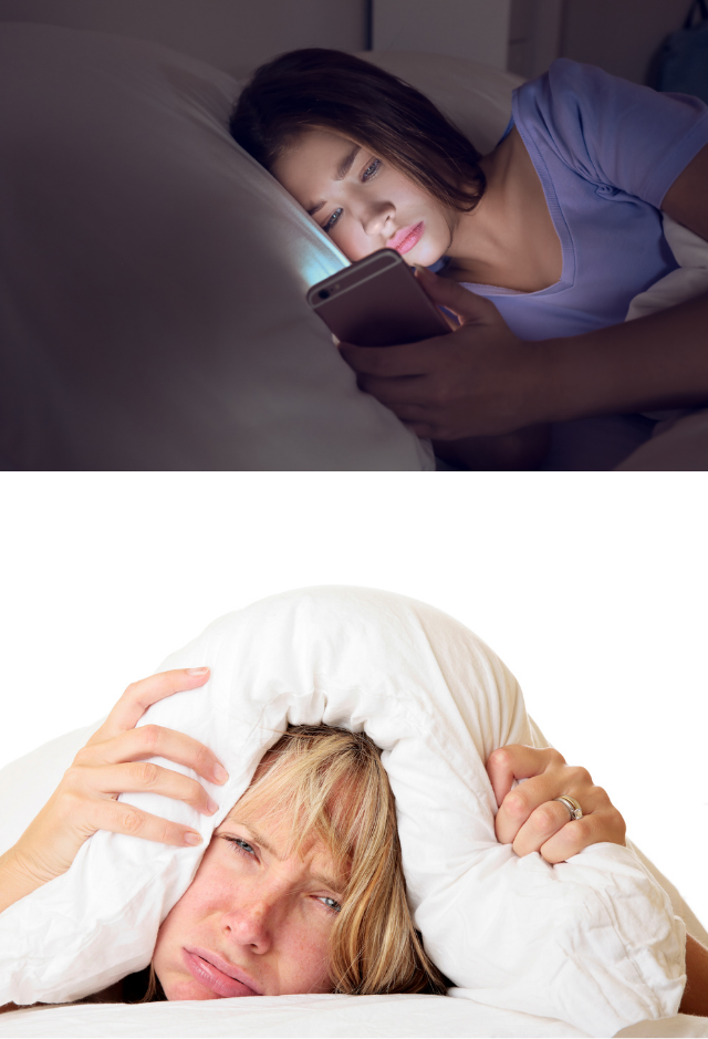 A woman on her phone in bed and a woman frowning hiding under the duvet