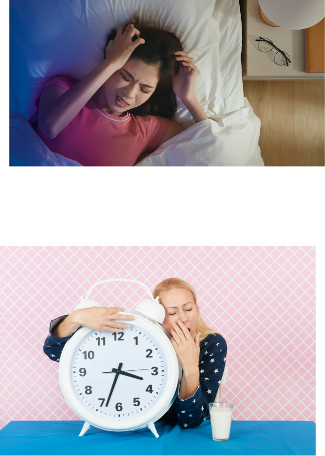 a woman looking frustrated in bed and a woman yawning whilst hugging an oversized alarm clock