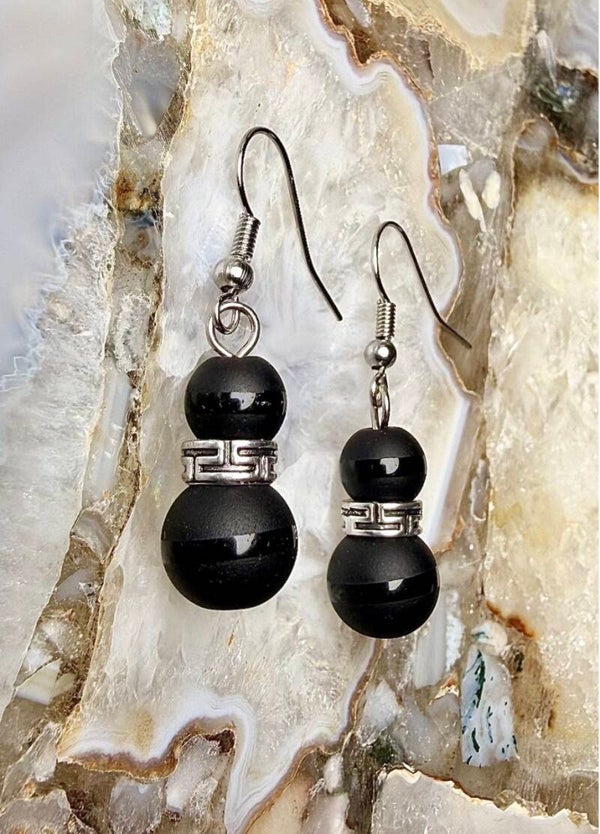 #0187 Black Matte Onyx Earrings, Strength & Protection