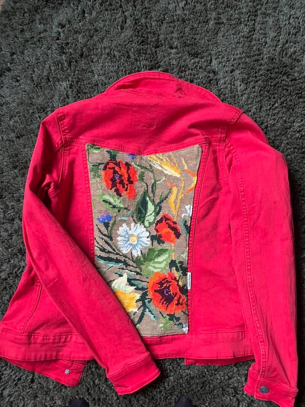 Denim jacket rood, Veldbloemen, maat 40