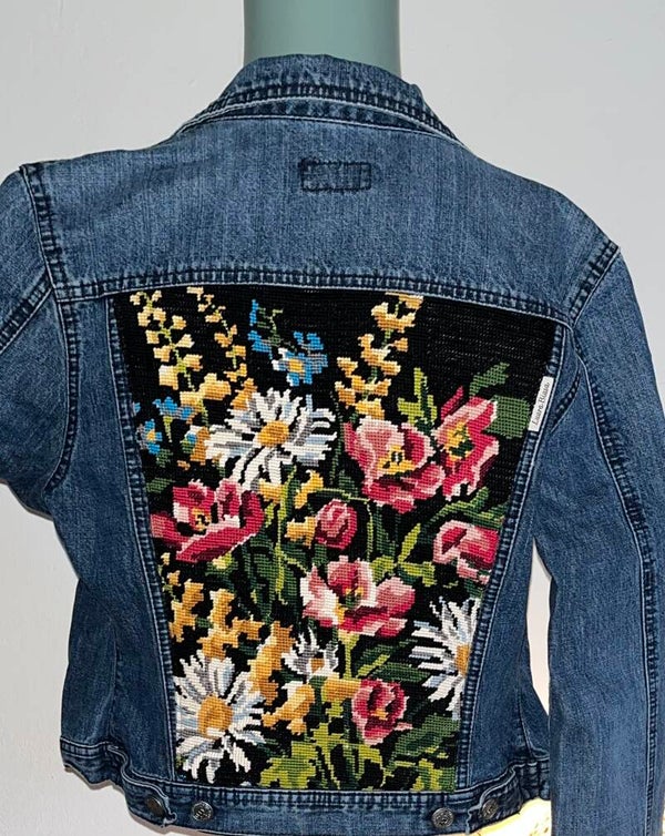 Denim jas, blauw, ‘Veldboeket’ maat M