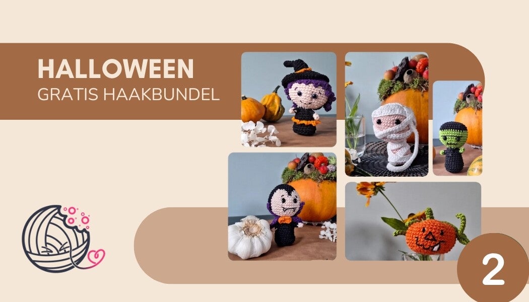 Haakbundel halloween, mummie, pompoen, dracula, heks, frankenstein, haakpatroon, yummigurumi, amigurumi
