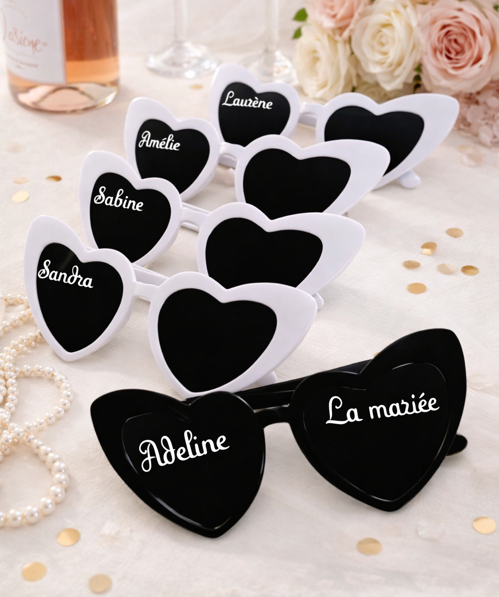 Lunettes de soleil en forme de cœur personnalisées avec prénom des invités