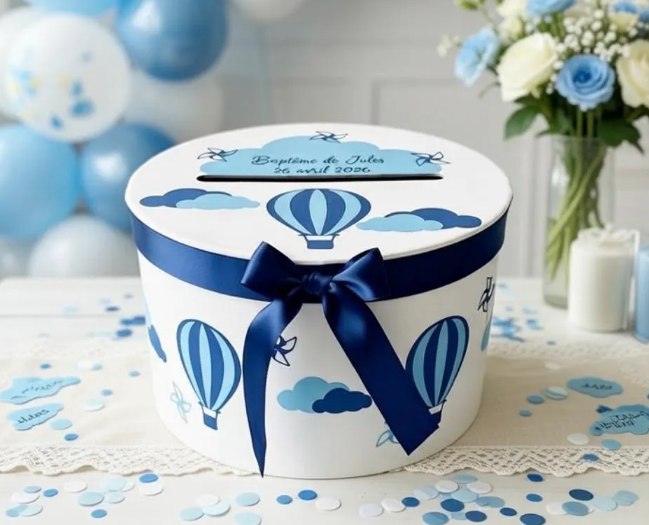 Urne ronde blanche thème montgolfière, nuages et moulins à vent