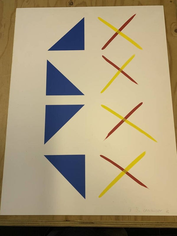 1175 - Betty Muller - nr 8 Blauw / rood / geel  ( 50 * 65 incl. lijst)