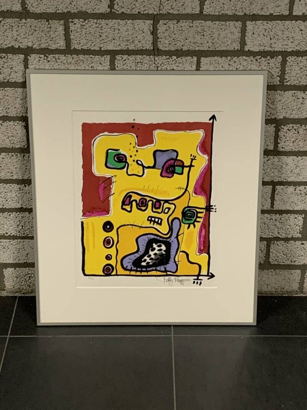 1302 - Patty Harpenau - Abstract geel/rood ( 60 * 70 incl. lijst)