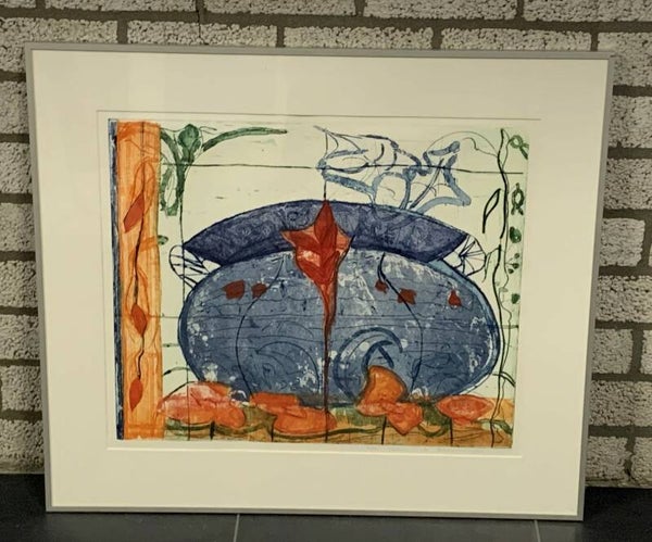 0333 - Lukie de Bree - blauwe viskom ( 70 * 80 incl. lijst)