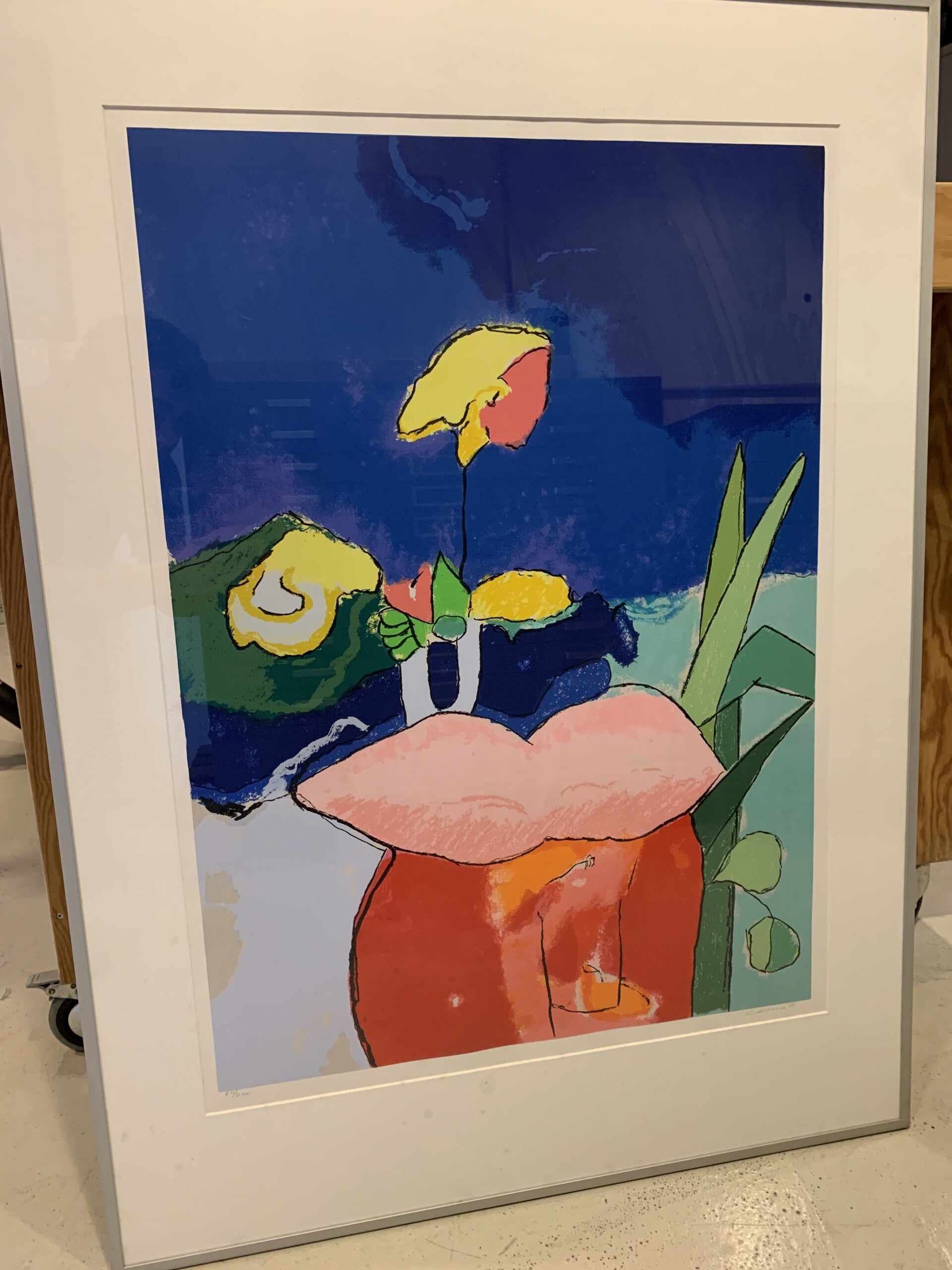 1010 - Henk van Vessem - abstract Bloem en mand ( 80 * 110 incl lijst)