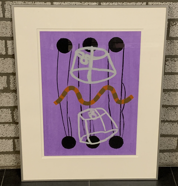 0159 - Luuk de Weert - zes zwarte ballen, paars ( 70 * 90 incl. lijst)