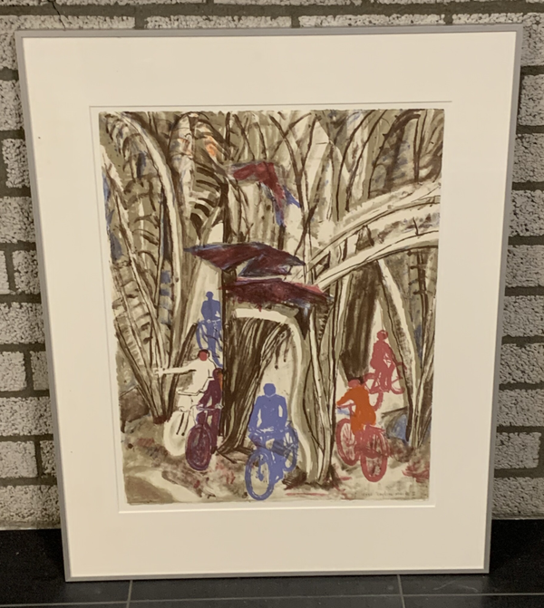 1123 - Hans Ebeling Koning - fietsers in bos ( 70 * 90 incl. lijst)
