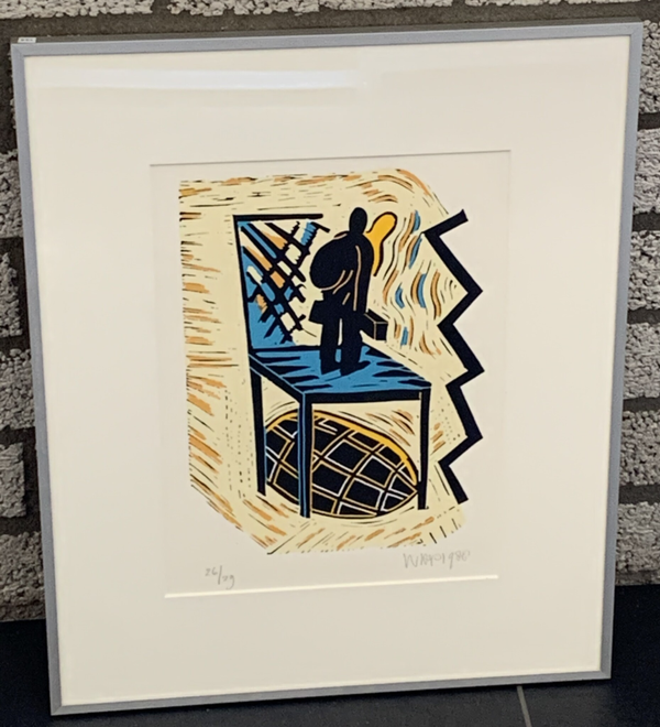 0134 - Hans Wap - figuur op stoel ( 45 * 55 incl. lijst)