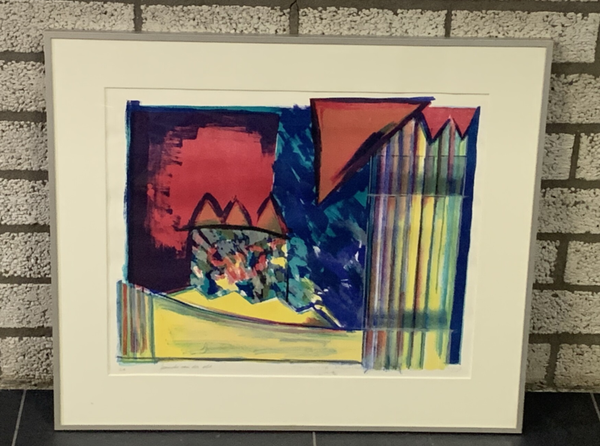 1283 - Fenneke van der Elst en Marianne Aulman - Abstract  huis met pilaar ( 60 * 70 incl. lijst)