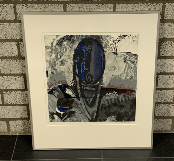 1306 - Jan Martens - Abstract grijs/zwart/blauw ( 60 * 70 incl. lijst)