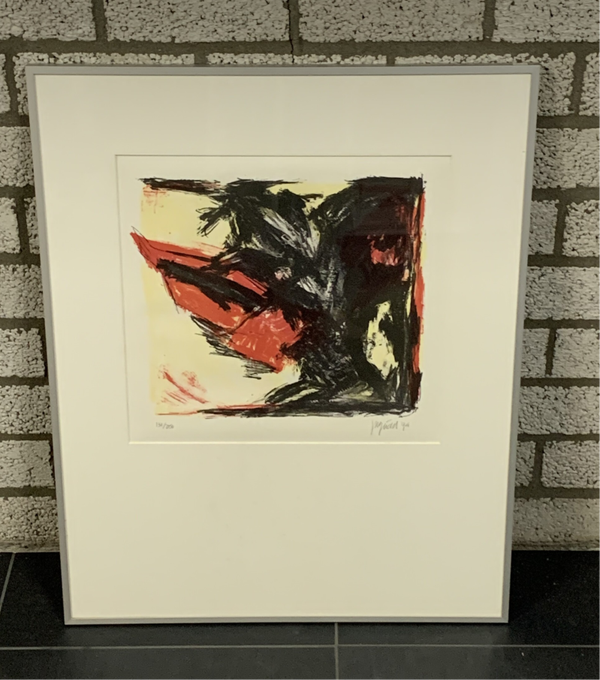 1039 - Ingrid Dingemans - Abstract zwart/rood/geel ( 57,3 * 72,6 incl. lijst)