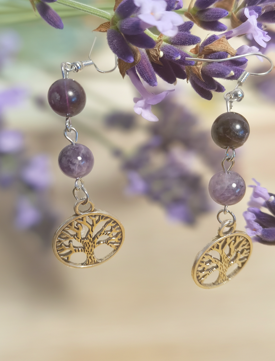 Oorhangers Amethist en levensboom hanger