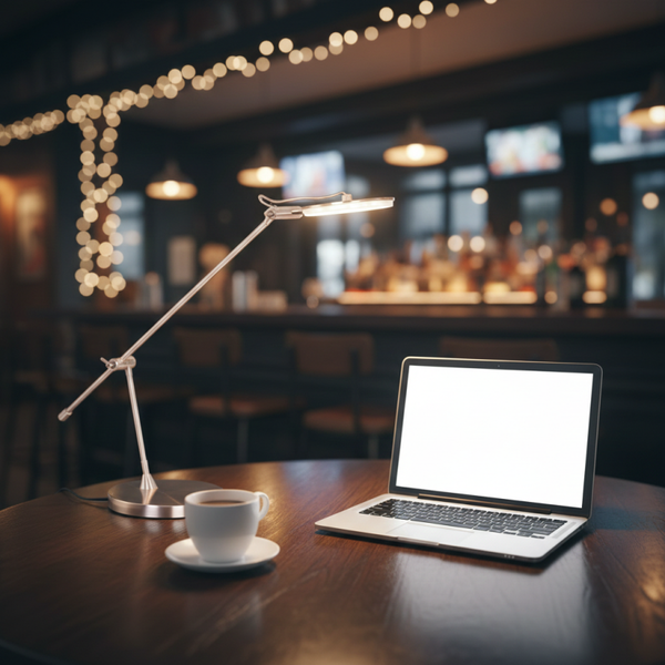 Moderne design tafellamp van staal met een strakke en stijlvolle uitstraling.