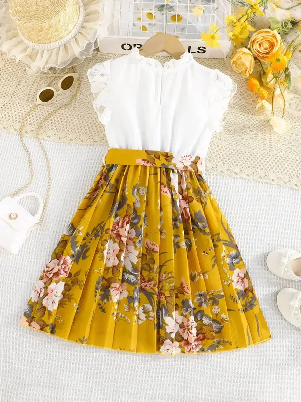 Blumenmuster Plissee-Kleid für Mädchen mit Flatterärmeln