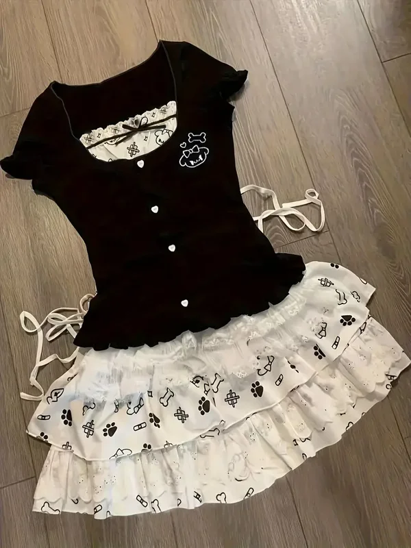 Y2K japanischer Patchwork Kurzarm-Top Kuchenrock T-Shirt