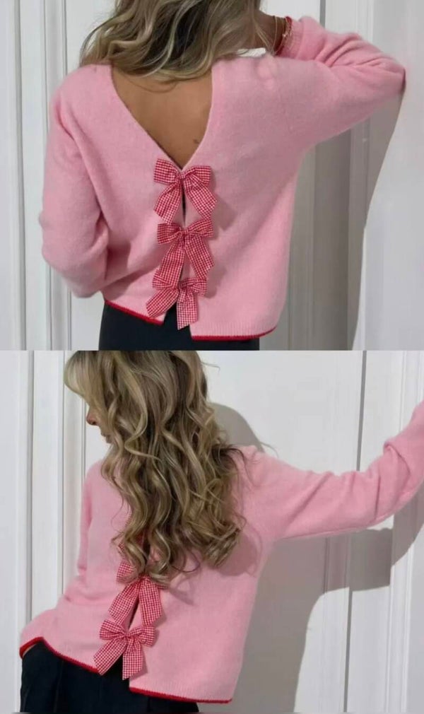 Pull V rose noeuds recto verso