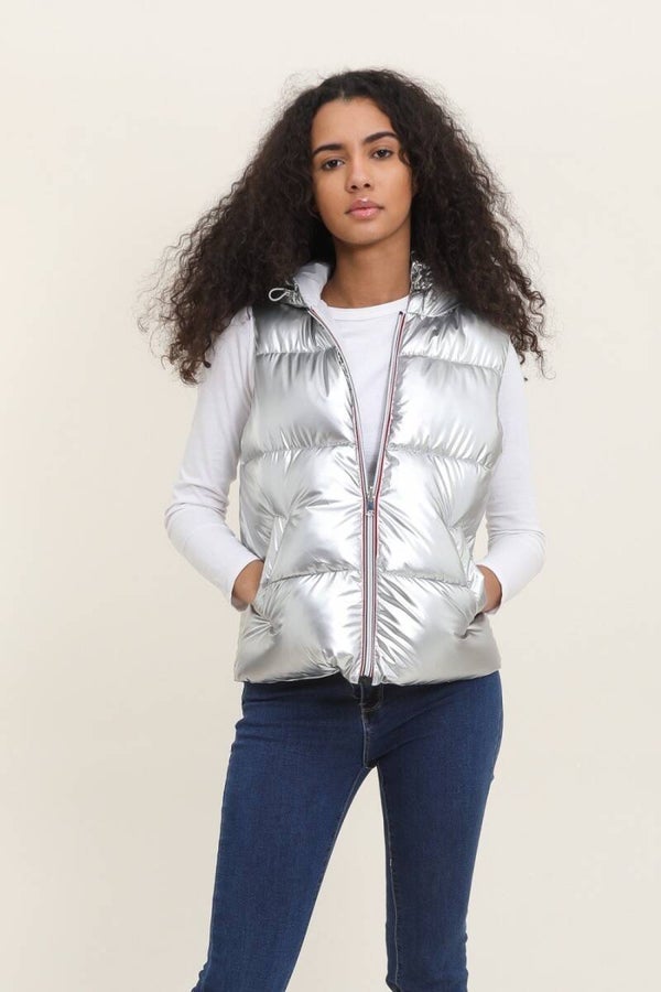 Doudoune sans manche capuche réversible argenté