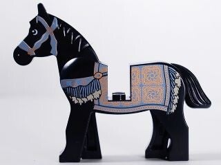 Black Horse with Black and White Eyes, White Pupils and Sand Blue and Gold Bridle and Persian Blanket Pattern (Prince of Persia Aksh)