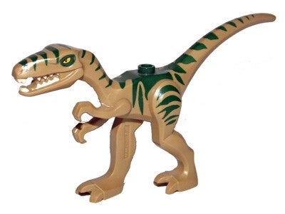 Dark Tan Dinosaur Coelophysis / Gallimimus with Dark Green Stripes and Yellow Eyes Pattern