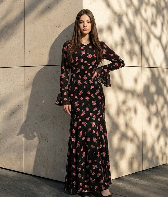 Maxikleid mit angenähtem Gürtel