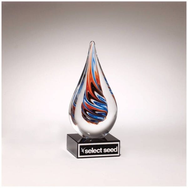 Teardrop Art Glass on Black Glass Base with Laserable Plate