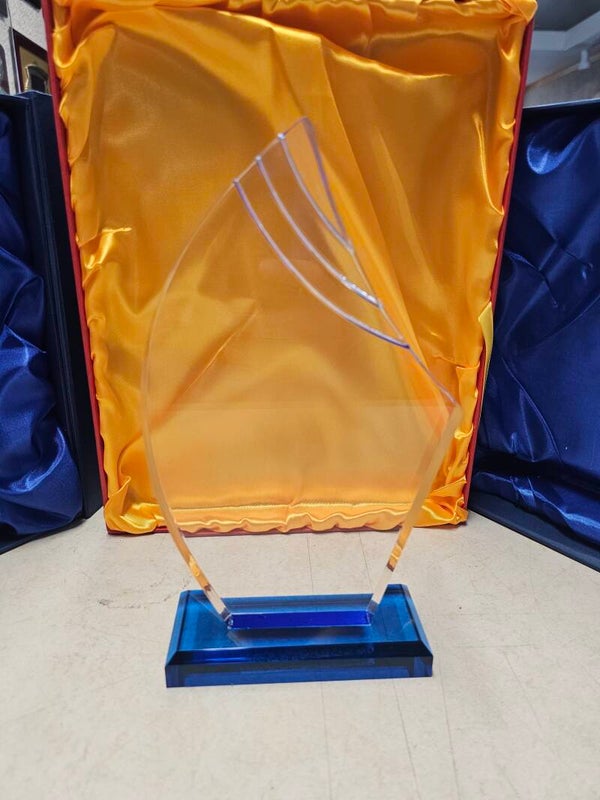 Flame Series Clear Acrylic with Blue Accents and Matching Blue Acrylic Base