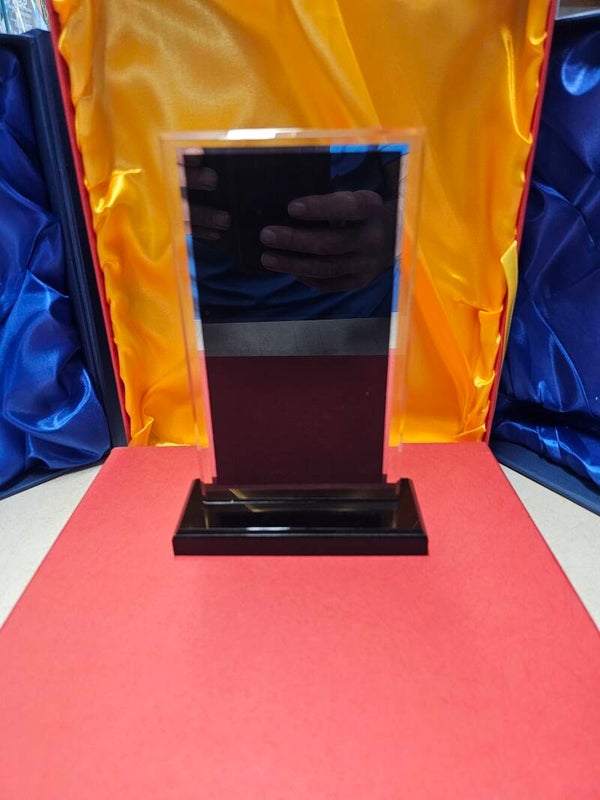 Black accented rectangular acrylic award with a silver border