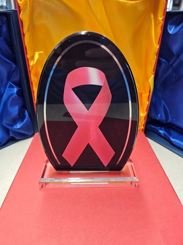 Large oval pink ribbon acrylic