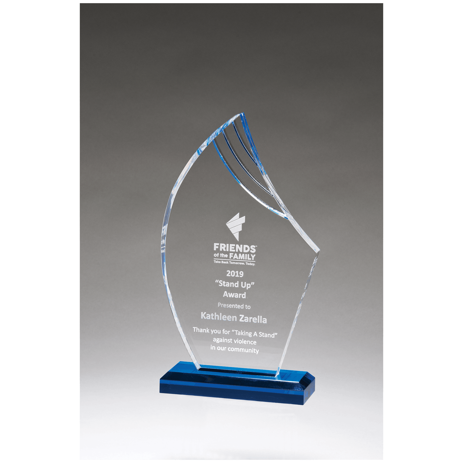 Flame Series Clear Acrylic with Blue Accents and Matching Blue Acrylic Base