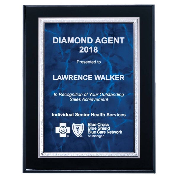 Black High Gloss Plaque with Sapphire Marble Silver Florentine Border