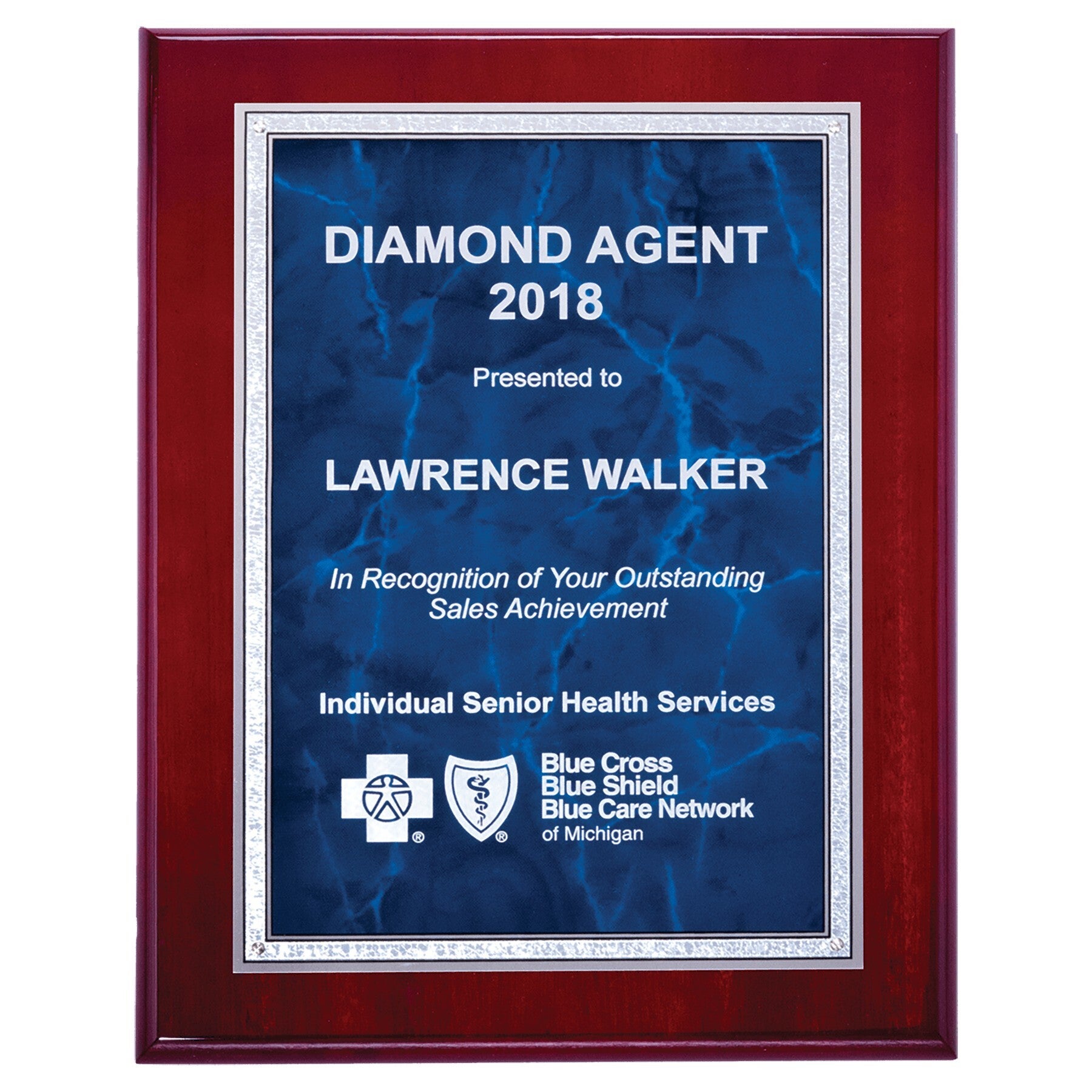 Rosewood High Gloss Plaque with Blue Marble Silver Florentine Border