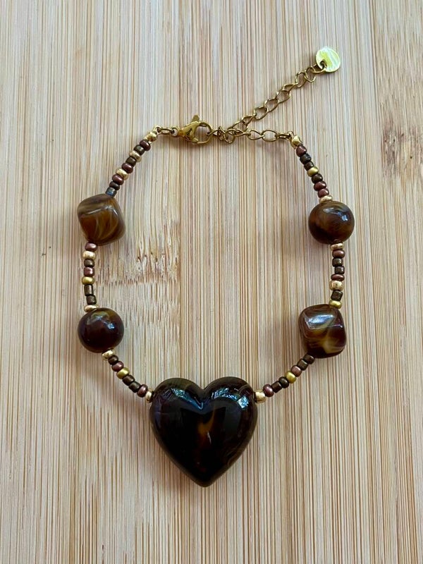 Kralenarmband Fijn Hart bruin
