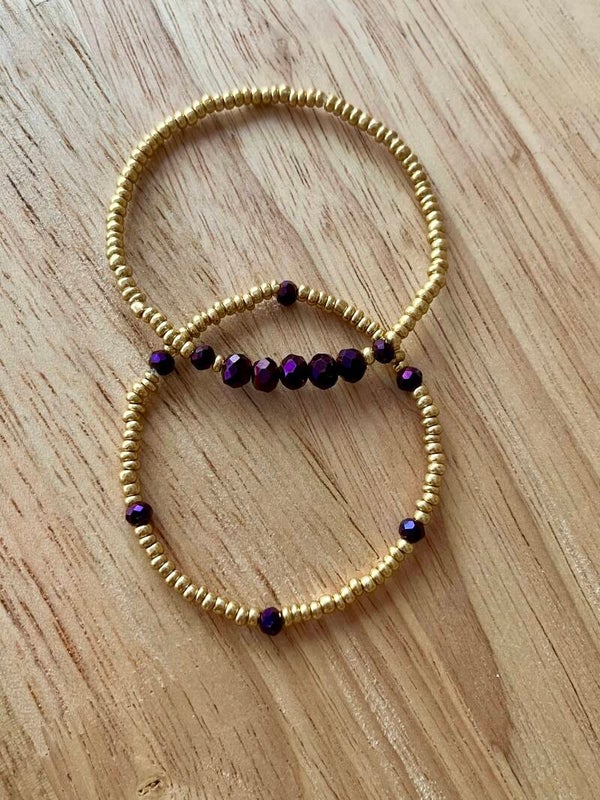 Kralenarmband Fijn goud/paars set van 2