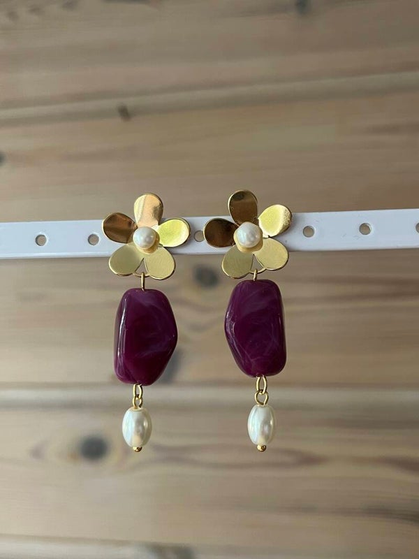 Statement Oorbel Bloem paars parel