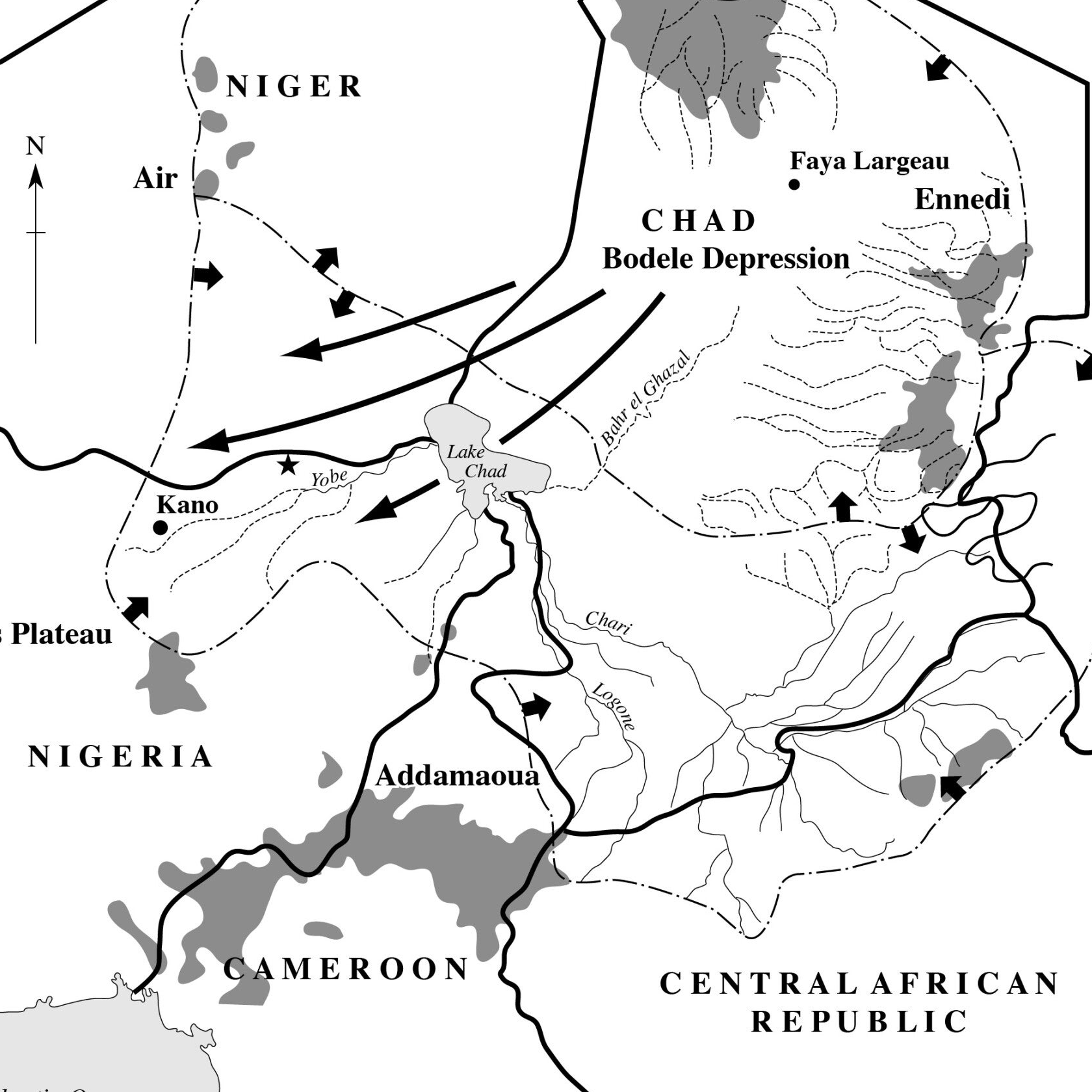 A black and white location map of the Chad Basin, north-central Africa.
