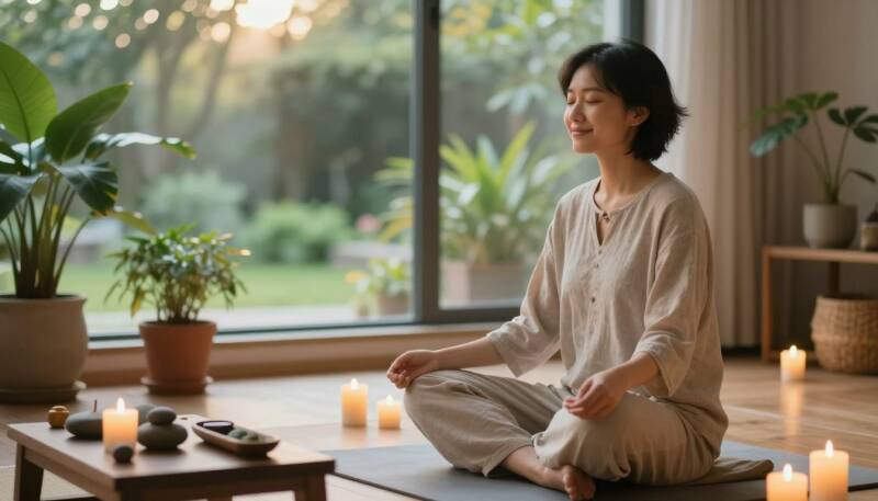 Femme méditant en position lotus dans une pièce lumineuse avec plantes et bougies, atmosphère calme et apaisante liée à la méditation et à la paix intérieure