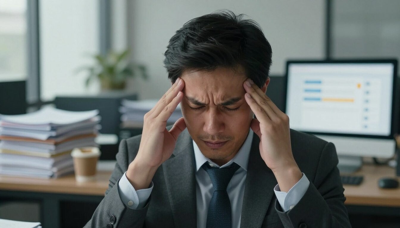 Business professional experiencing mental overload and cognitive fatigue at work