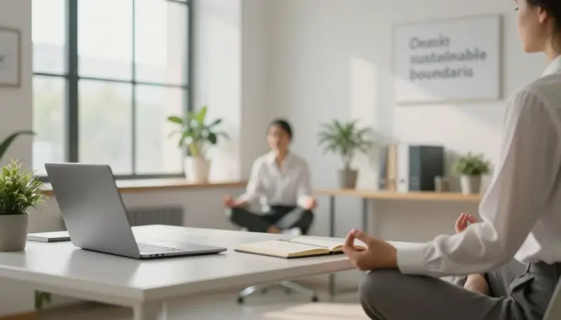 person practicing mindfulness and setting healthy digital boundaries in a calm workspace environment