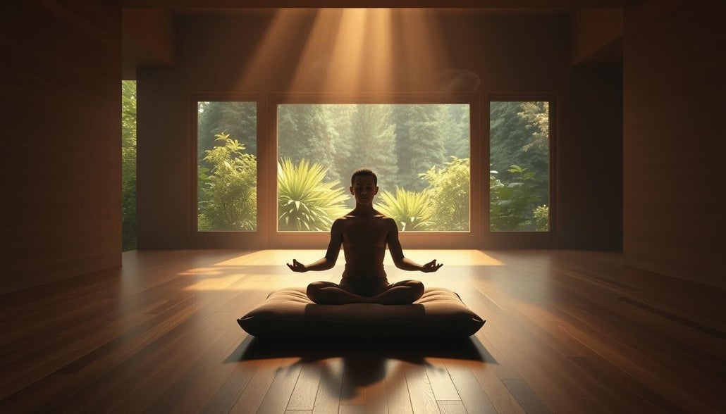 méditation silencieuse dans un espace zen en bois face à la nature