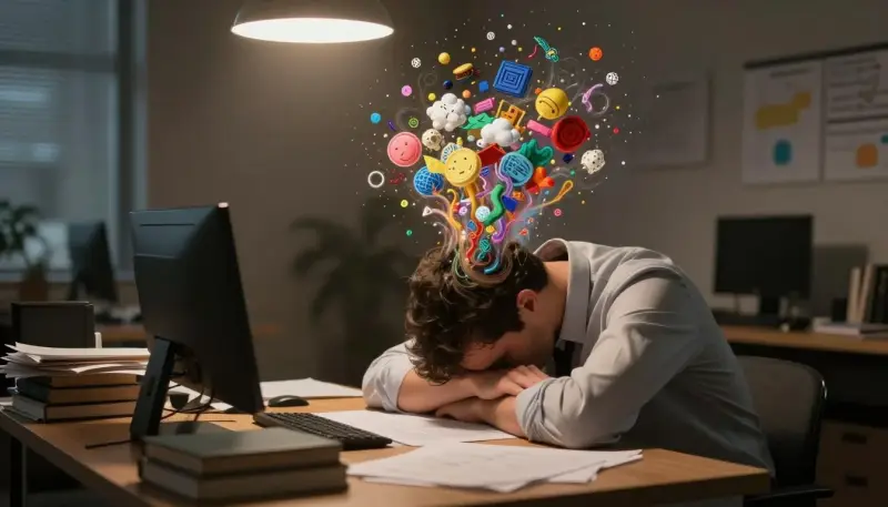 man experiencing mental exhaustion and digital overload from constant stimulation and screen stress