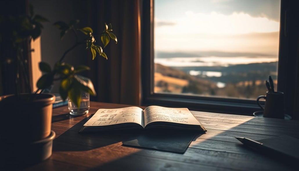 carnet ouvert au coucher du soleil pour écrire en pleine conscience