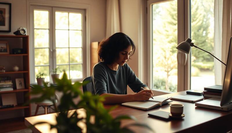 Woman journaling in a peaceful home office with natural light, symbolizing focus and personal growth.