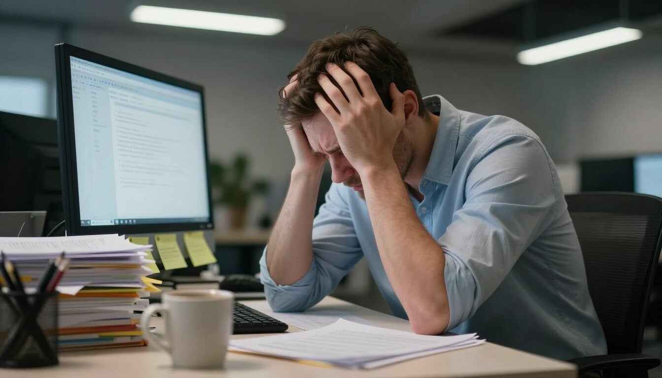 Man suffering from mental exhaustion and decision fatigue in the workplace