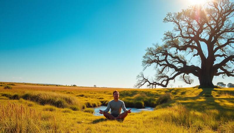 homme méditant en silence dans la nature, assis près d’un arbre majestueux sous un ciel bleu clair
