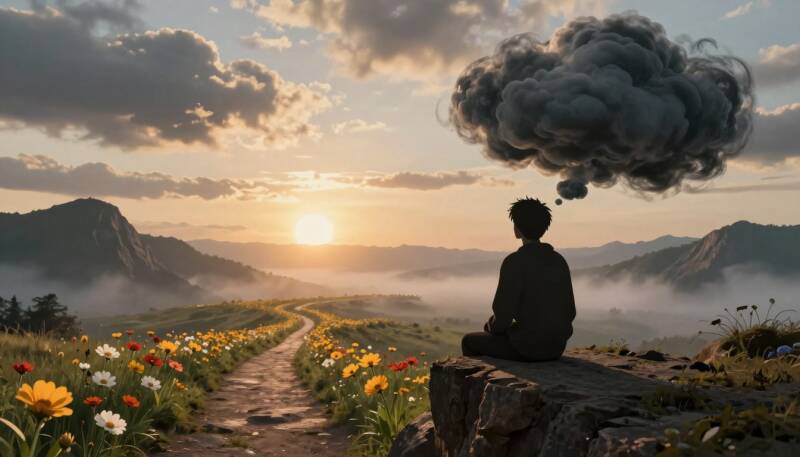 Silhouette assise face à un paysage lumineux avec un nuage sombre au-dessus de la tête, symbolisant les croyances limitantes et les pensées négatives.
