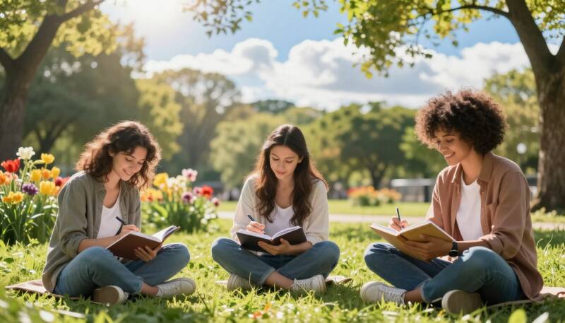 Trois personnes écrivant dans des carnets dans un parc ensoleillé, représentant la gratitude, les affirmations positives et la croissance personnelle.
