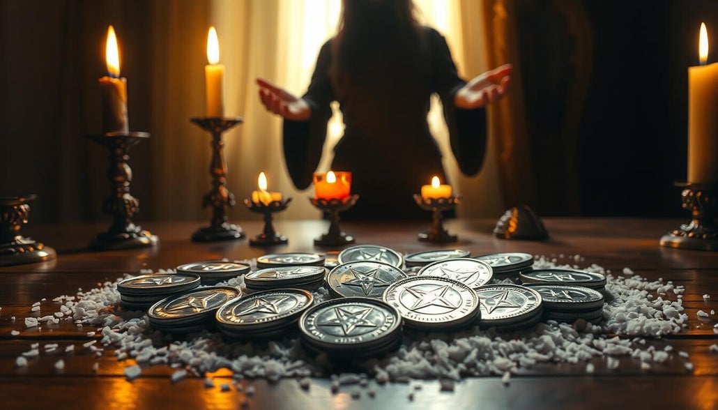 Rituel spirituel avec bougies allumées, pièces gravées de symboles ésotériques et cercle de sel sur une table en bois